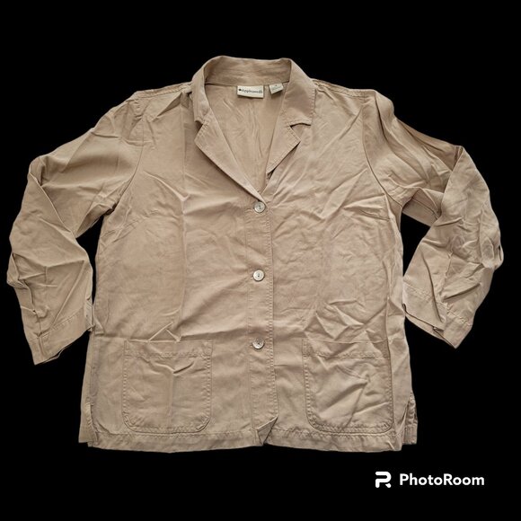 Appleseeds Tencel Beige Blazer Jacket Iridescent Buttons Patch Pockets Collar - Picture 13 of 13
